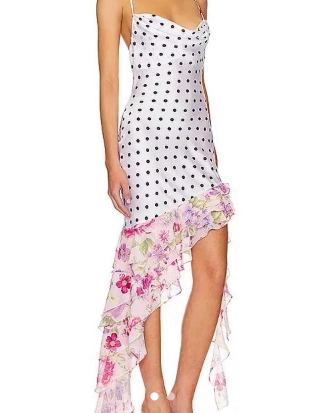 Polka Dot Slip Dress with Floral Ruffle Hem